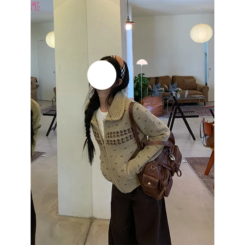 2025冬季复古费尔岛毛衣外套女大码女装胖MM软糯显瘦拉链针织开衫