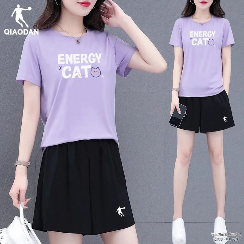 乔丹休闲运动套装女2025冬季新款官方正品健身跑步短袖短裤两件套