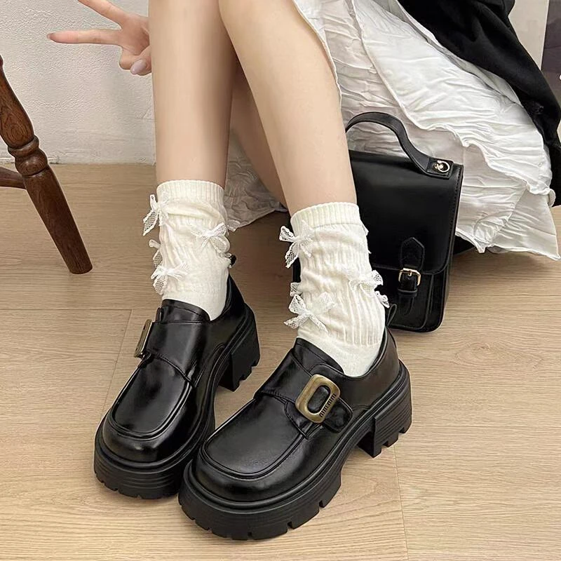 新款复古英伦风小皮鞋厚底增高百搭一脚蹬乐福鞋春季韩版学院风