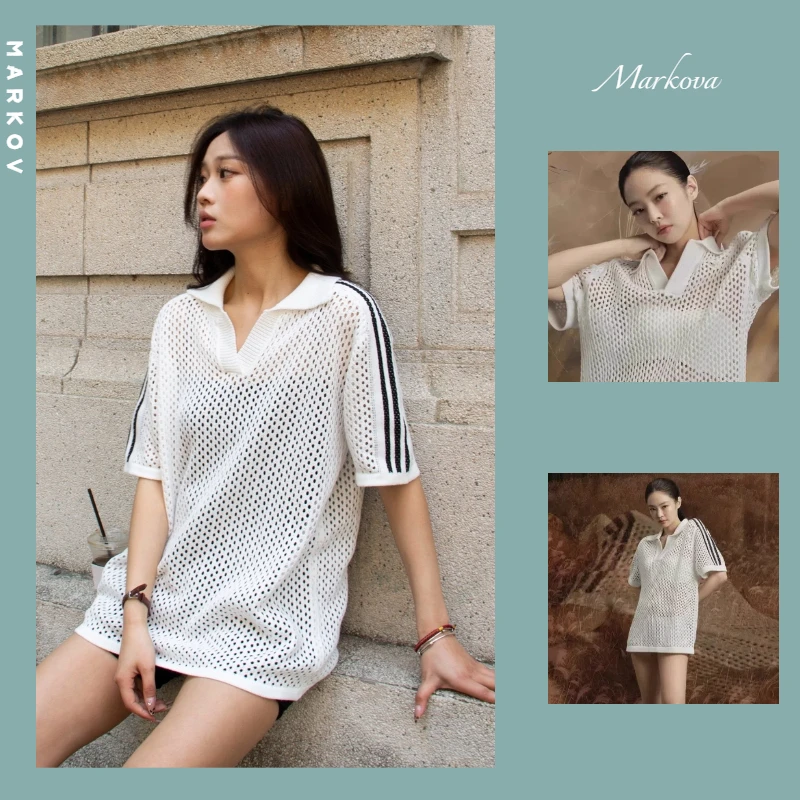 【明星jennie同款】镂空针织Polo衫叠V领短袖卫衣透视条纹T恤女春夏
