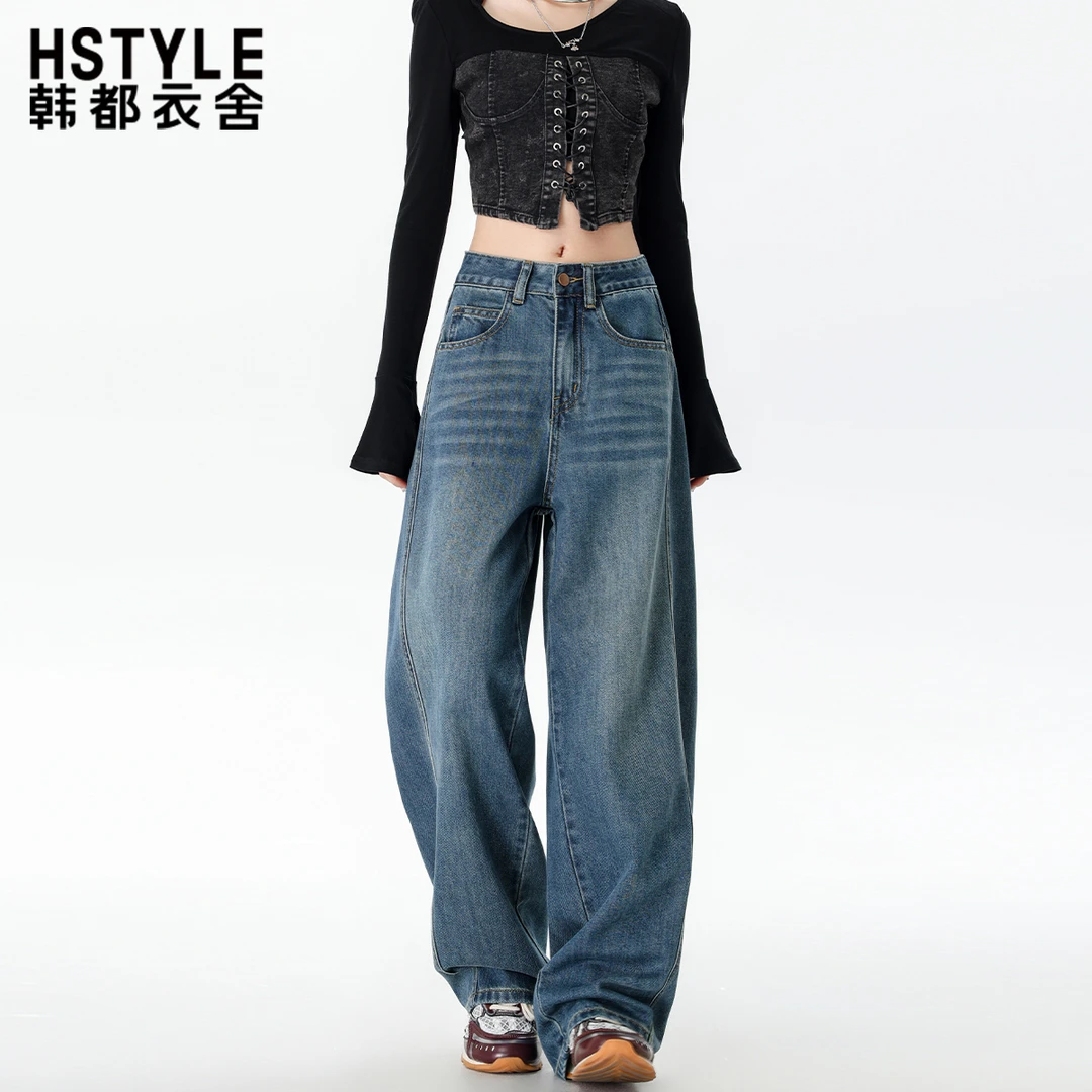 韩都衣舍复古弯刀阔腿牛仔裤女秋季2025爆款高腰显瘦宽松直筒裤子