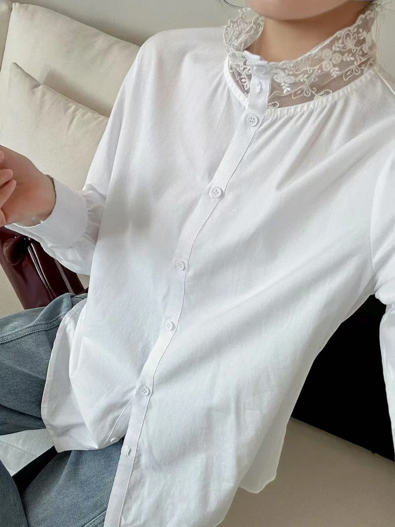 G873早春新款翻领宽松气质白衬衫女百搭上衣
