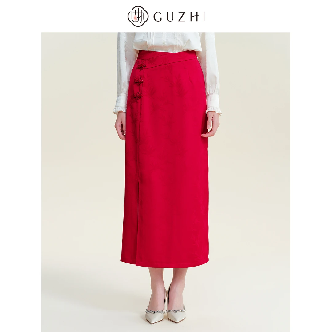 固执2025春季新款气质新中式高腰开叉长裙提花直筒半身裙