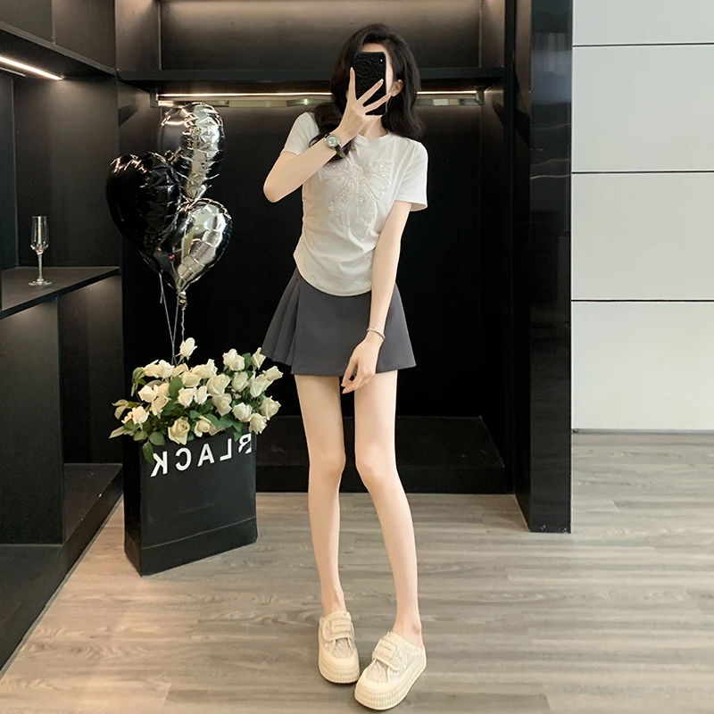 套装女2025新款爆款洋气重工白色显瘦蝴蝶结短袖T恤灰色时尚短裙