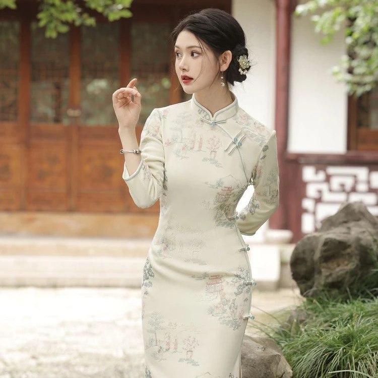 秋季旗袍2024新款年轻款复古长款旗袍七分袖气质优雅旗袍连衣裙