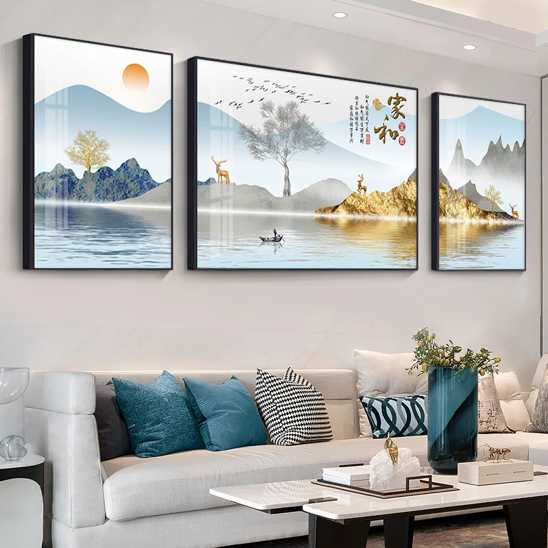 新中式客厅装饰画山水画大气风景三联壁画背有靠山沙发背景墙挂画