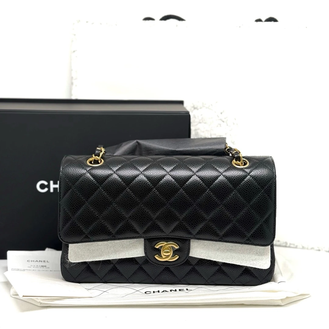 未使用 Chanel/香奈儿 25年大全套 CF中号黑金荔枝纹牛皮 斜挎包