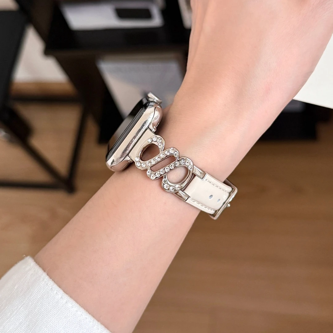 适用苹果手表s10表带轻奢S钻皮质iwatchs9 s8 s7 s6 se表带女生