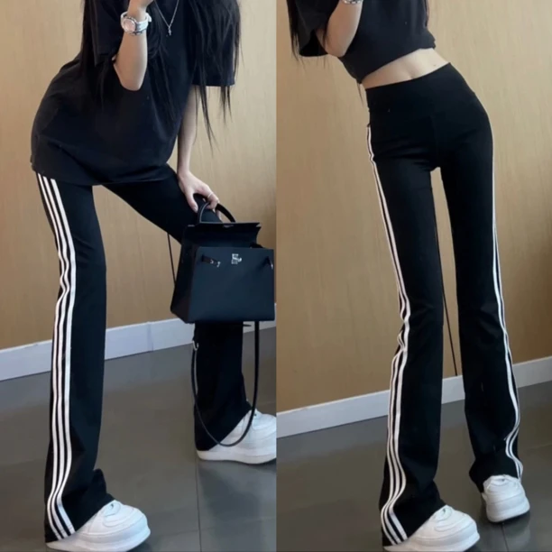 三条杠喇叭鲨鱼裤女弹力修身瑜伽裤裤高腰收腹提臀芭比裤微喇裤