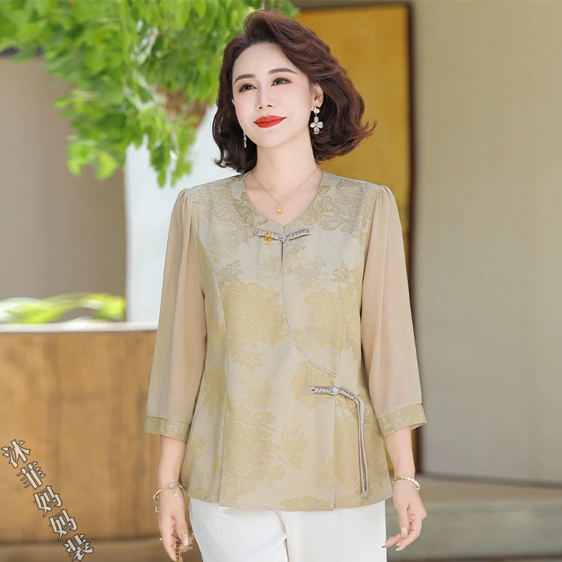 气质妈妈装新中式纱袖小衫套装2025夏季新款时尚中年女装洋气上衣
