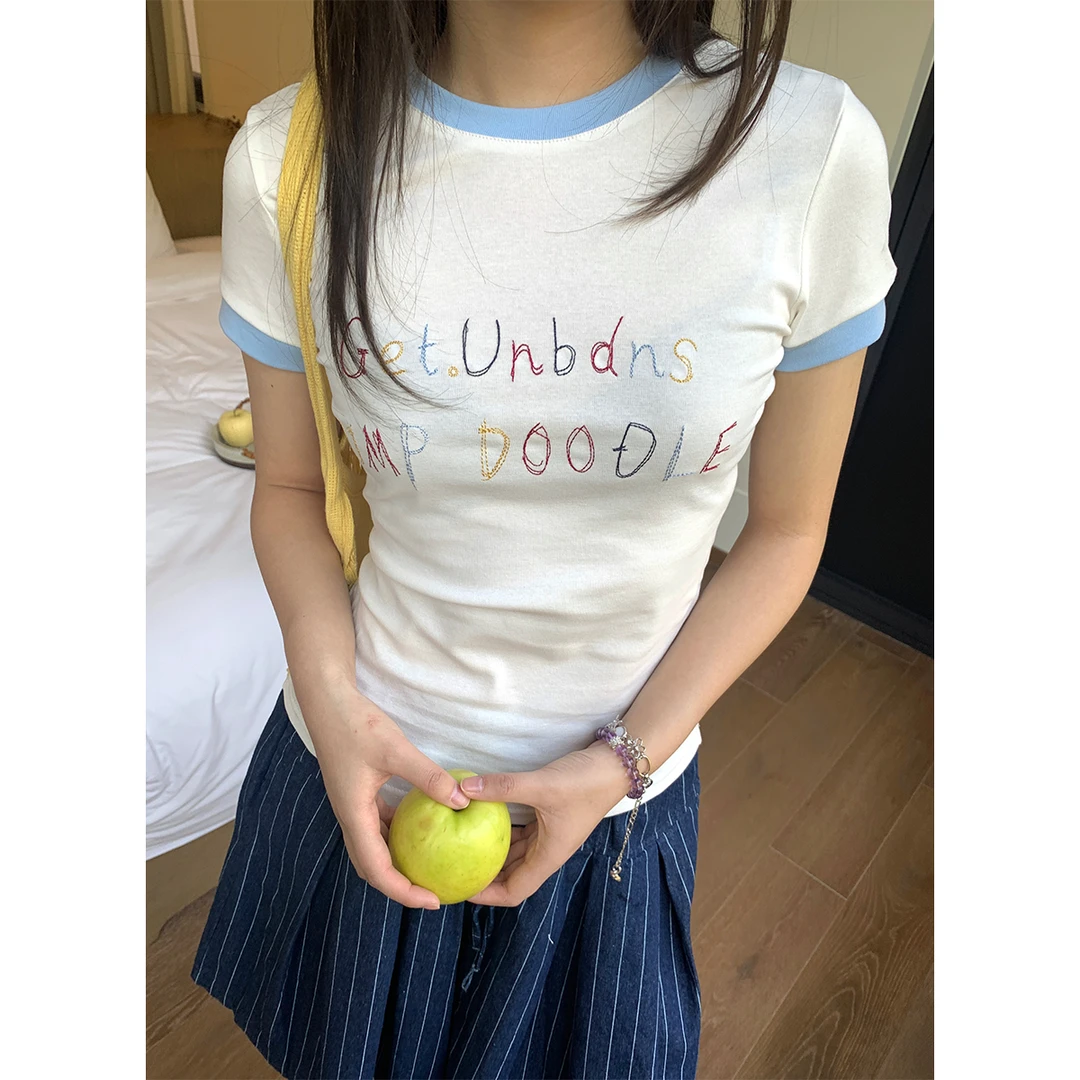 NIDEBLACK韩系少女刺绣彩色字母短袖t恤夏季时尚拼色显瘦套头上衣