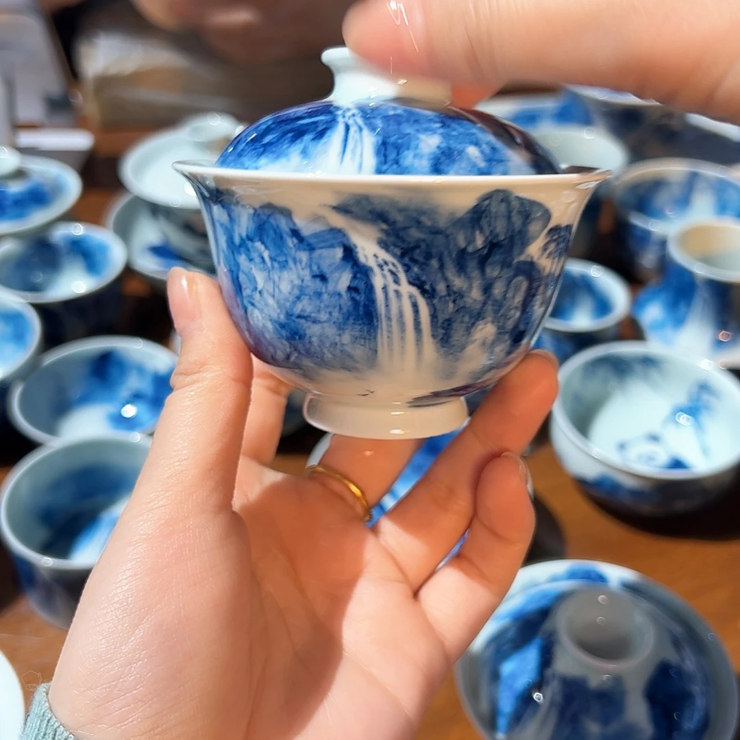 杯K青花手绘山水盖碗