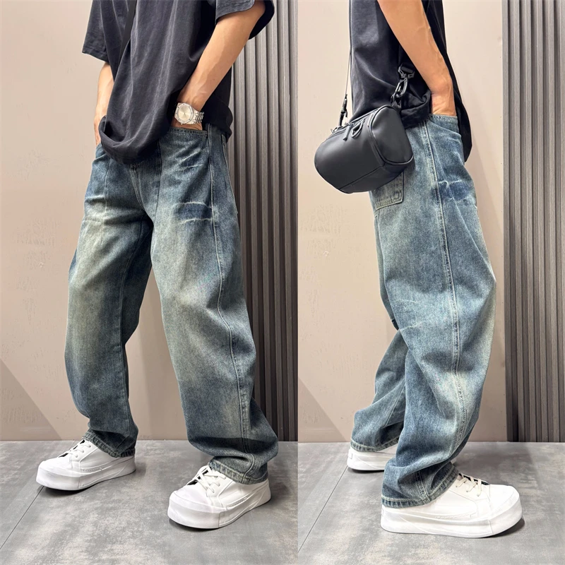 美式复古水洗潮流弯刀牛仔裤男士2025秋季新款宽松痞帅阔腿长裤子