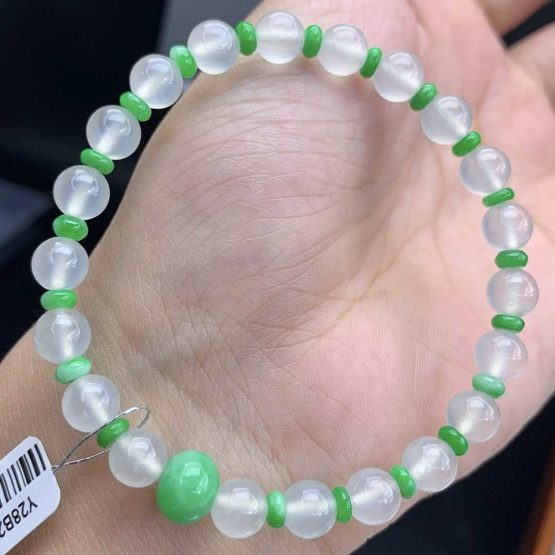 四会 缅甸A货翡翠白冰加阳绿色圆珠手链手串T卡6.4-10mm
