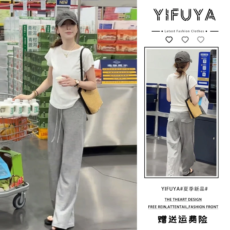 韩系设计感夏季两件套女装不规则荷短袖T恤+休闲阔腿裤时尚套装