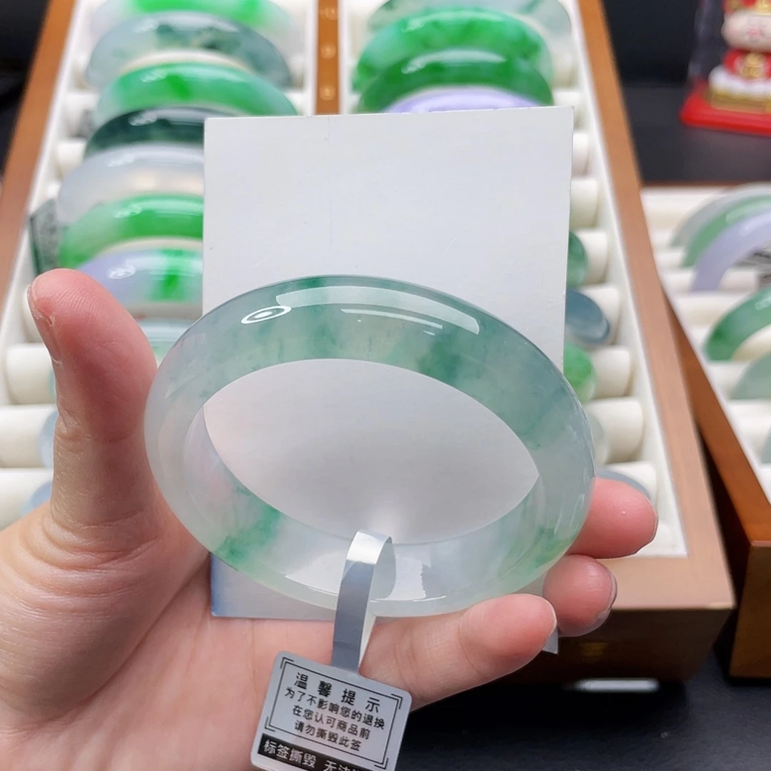 翡翠未镶嵌手镯54冰绿花-强推