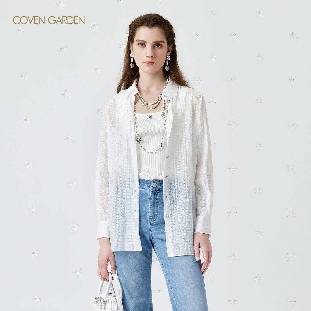 【哥文花园】提花宽松白色长袖衬衫CSA1016370欧若智性风