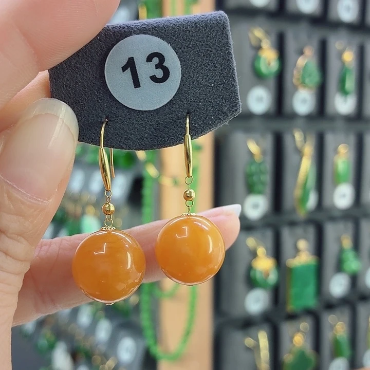 蜜蜡18K金镶嵌耳饰