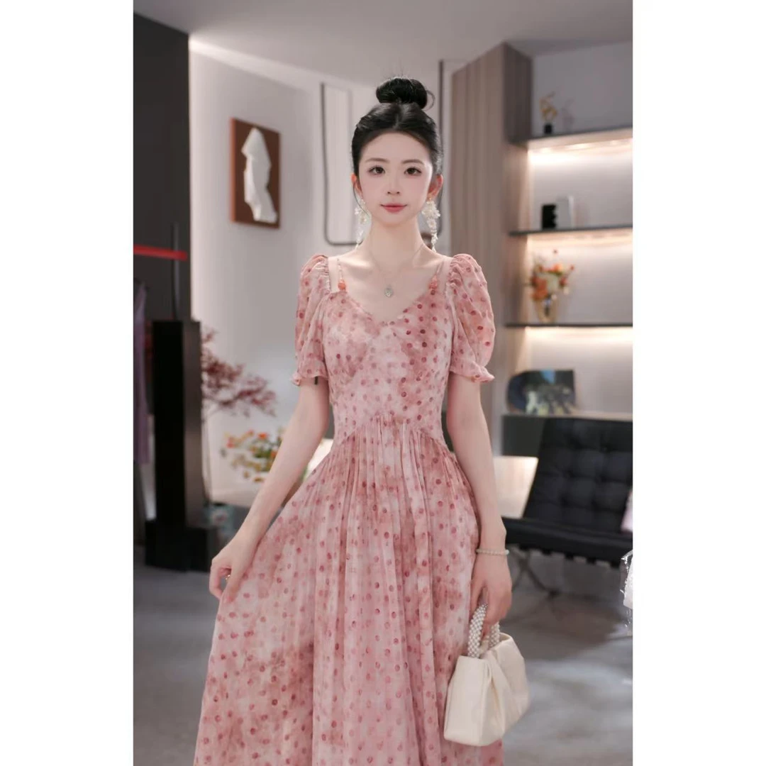 晓西-2025年夏季新款法式气质甜美温柔风收腰显瘦粉色波点连衣裙