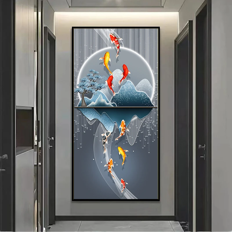 XG04【月光九鱼】客厅玄关挂画轻奢简约手工晶瓷现代立体装饰画艺术