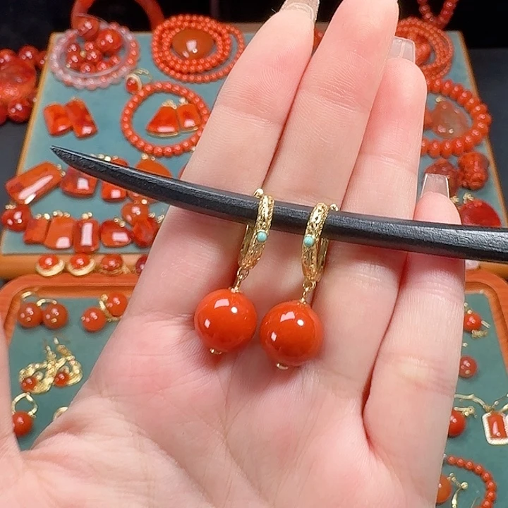 南红玛瑙银S925镶嵌11+耳饰