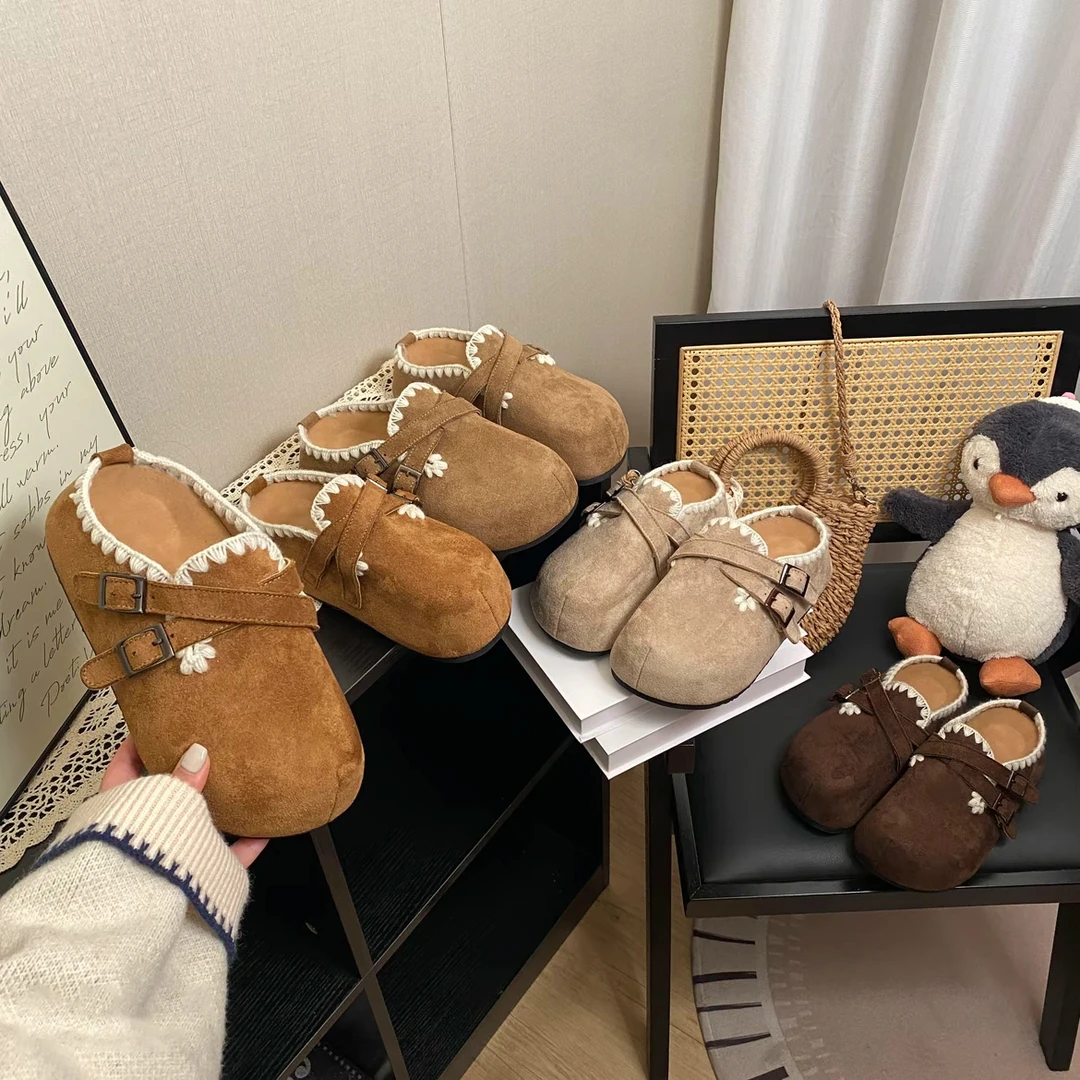 2025秋季新款百搭勃肯鞋爆款森系刺绣金属扣内增高网红韩版包头拖