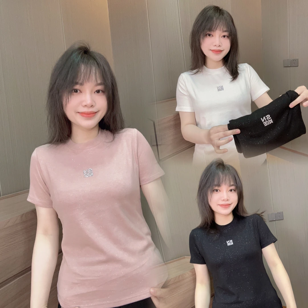 御妍婷亮钻英文细闪短袖显瘦圆领正肩t恤女百搭弹力新款上衣2513