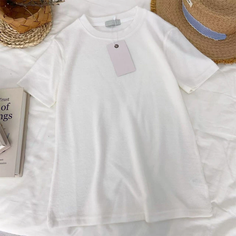 韩版纯色高棉白色磨毛短袖宽松圆领半袖衫JD1011