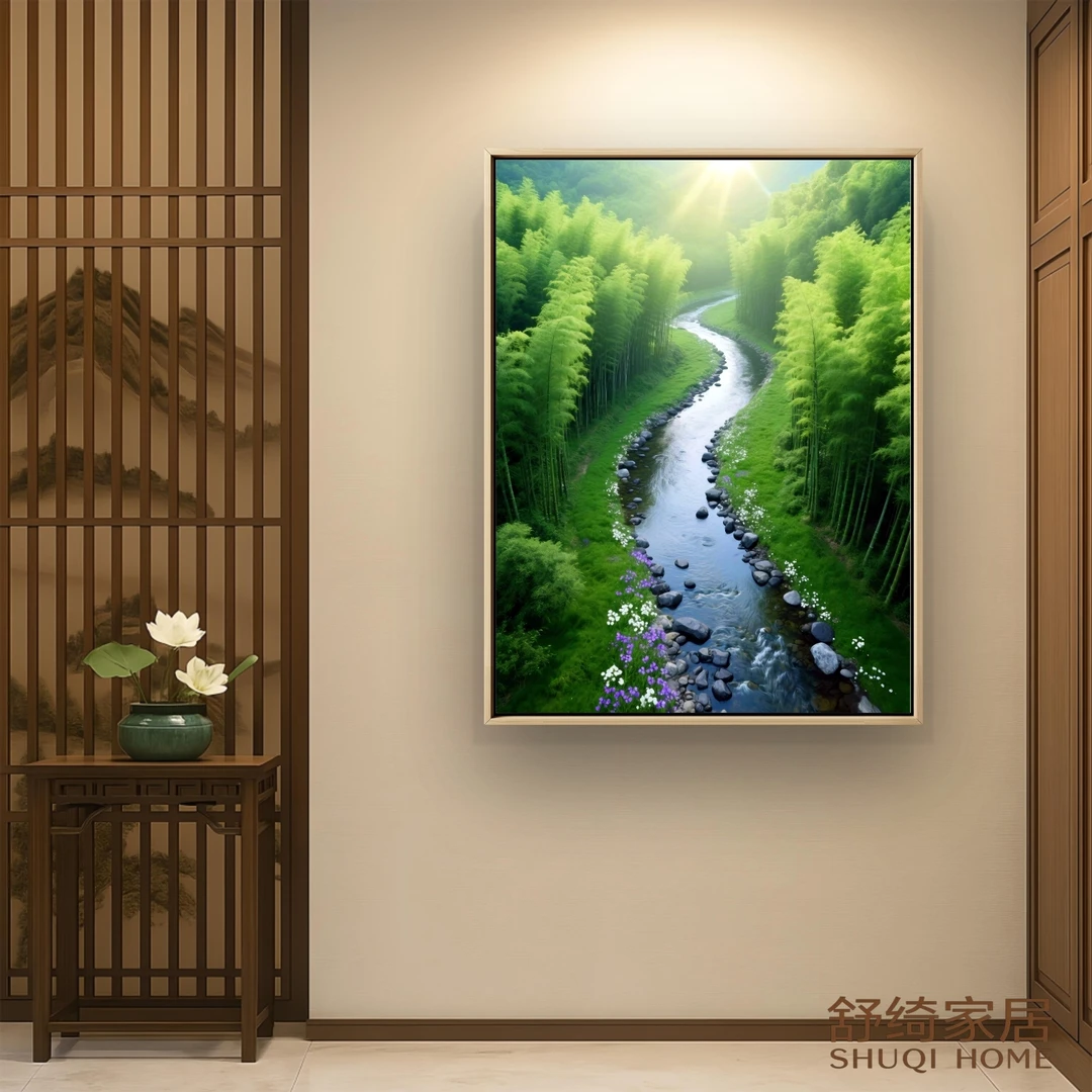 寓意福泽绵长客厅装饰画竹林溪流风景画五行喜木水挂画节节高升