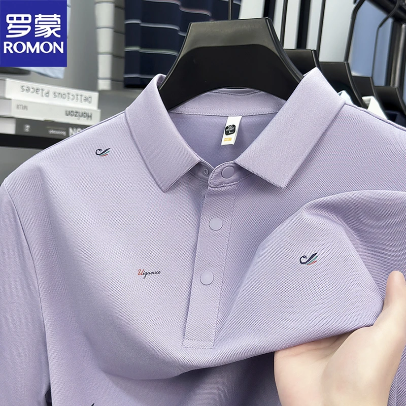 罗蒙中青年男士印花短袖T恤休闲翻领夏季宽松含桑蚕丝高档POLO衫