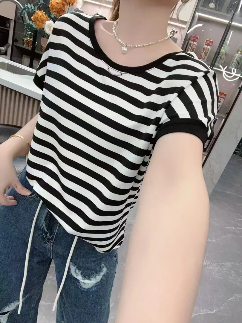 宽松型短袖圆领条纹通勤雪纺衫黑白韩版休闲宽松半袖