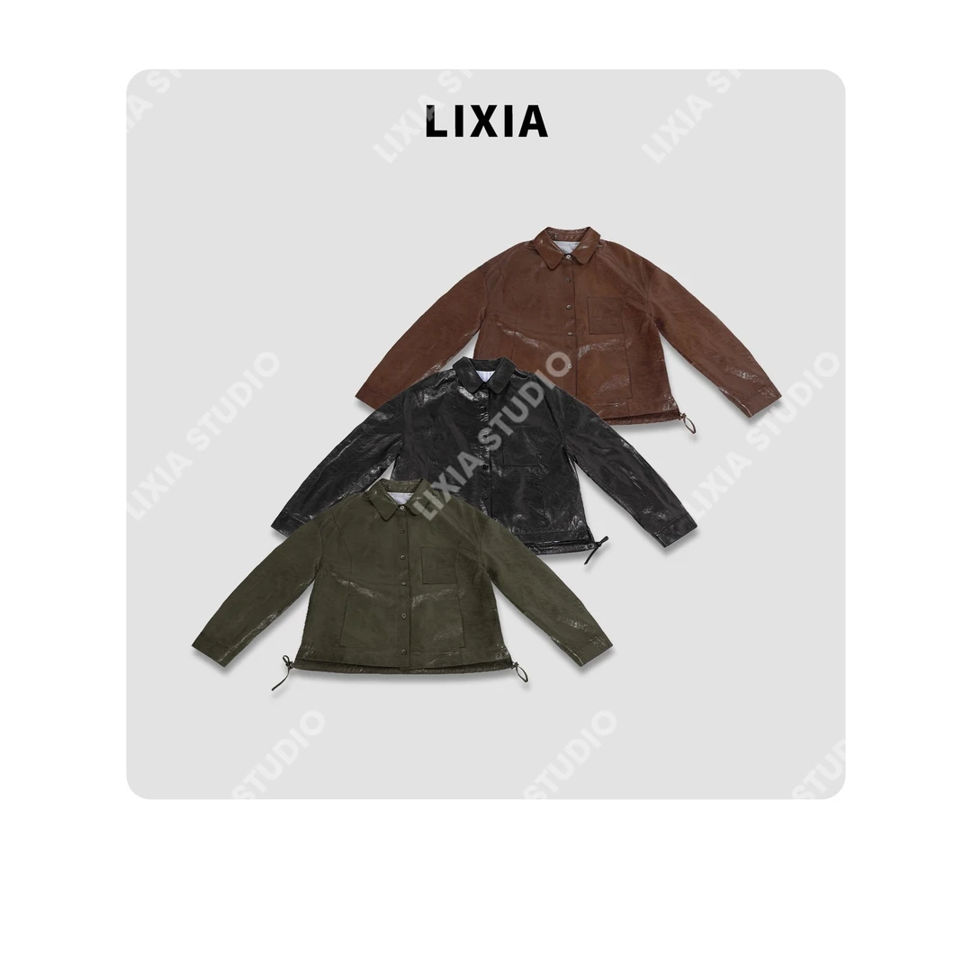 LIXAI【墨翠靓影】欧美休闲风抽绳下摆翡翠油蜡赫本羊皮皮衣-D9230