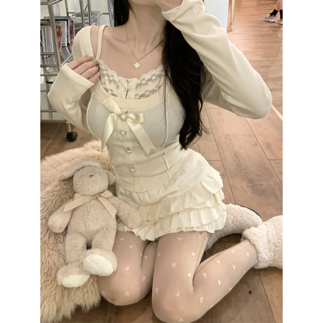 春秋新款法式复古纯欲辣妹性感拼接蕾丝蝴蝶结磨毛假两件长袖上衣