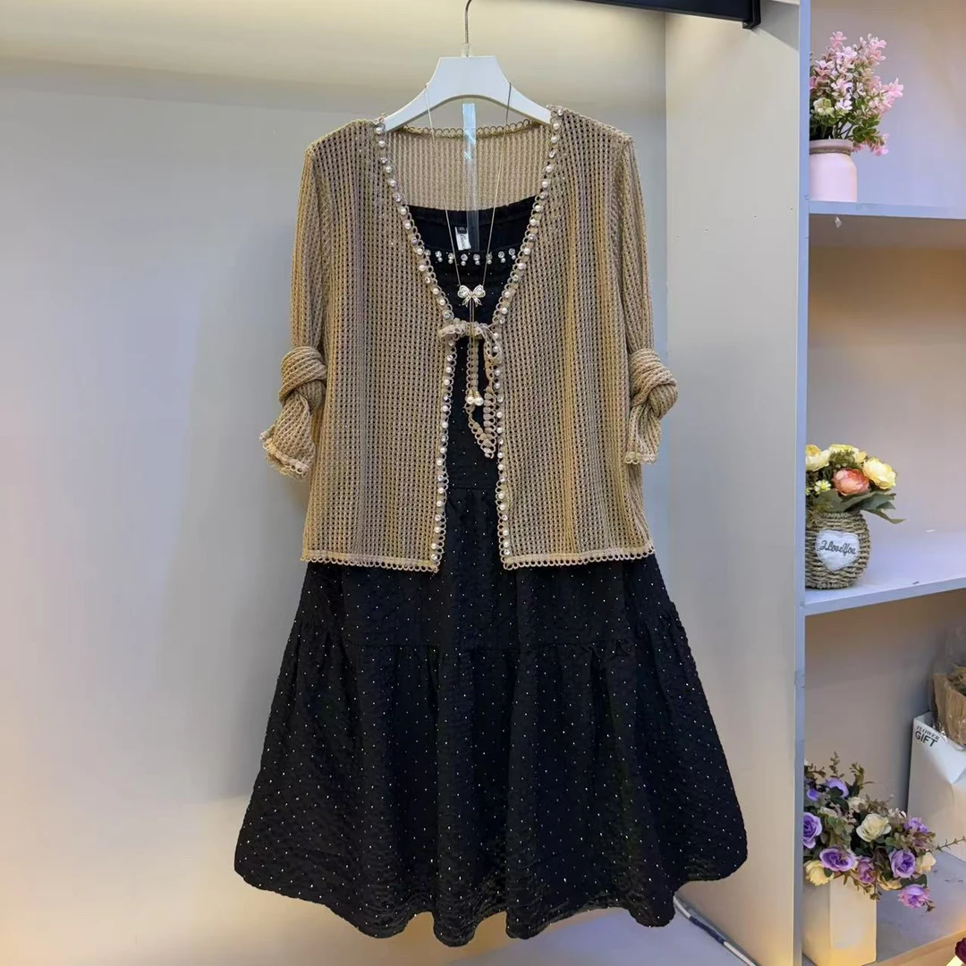 2025欧货新款大码女装针织外搭高级感烫钻连衣裙两件套