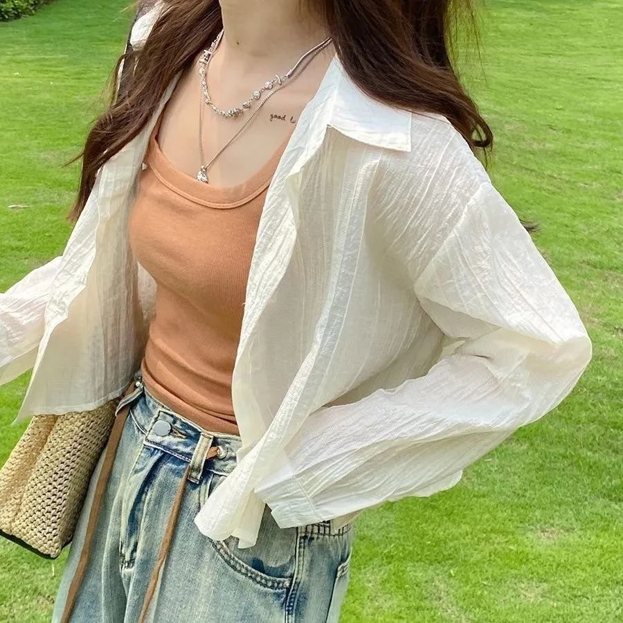 夏季新款肌理感薄款小个子防晒衣女防晒衬衫短款宽松长袖衬衣外搭