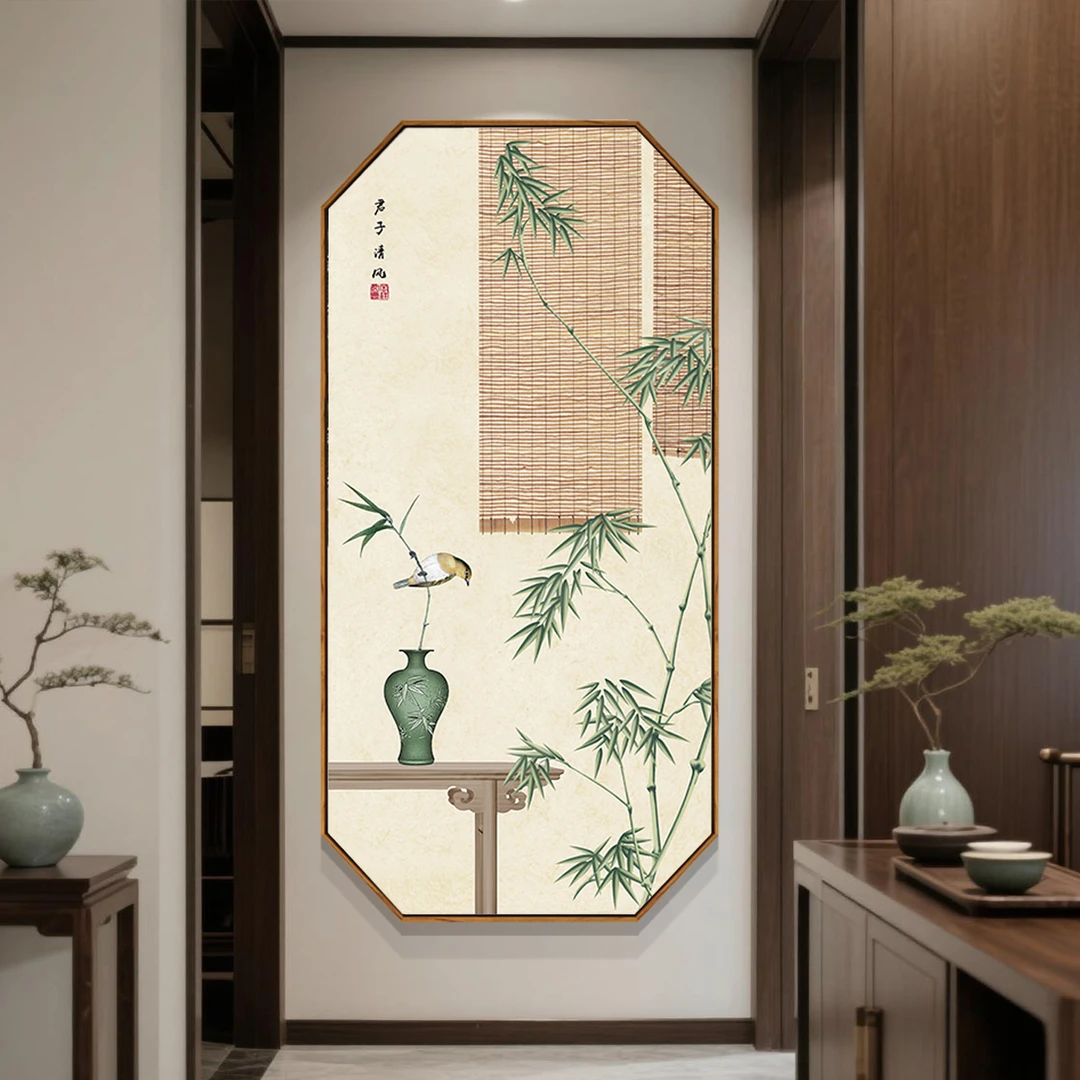 中国风玄关装饰画新中式古风走廊挂画茶室背景客厅八边形风景壁画