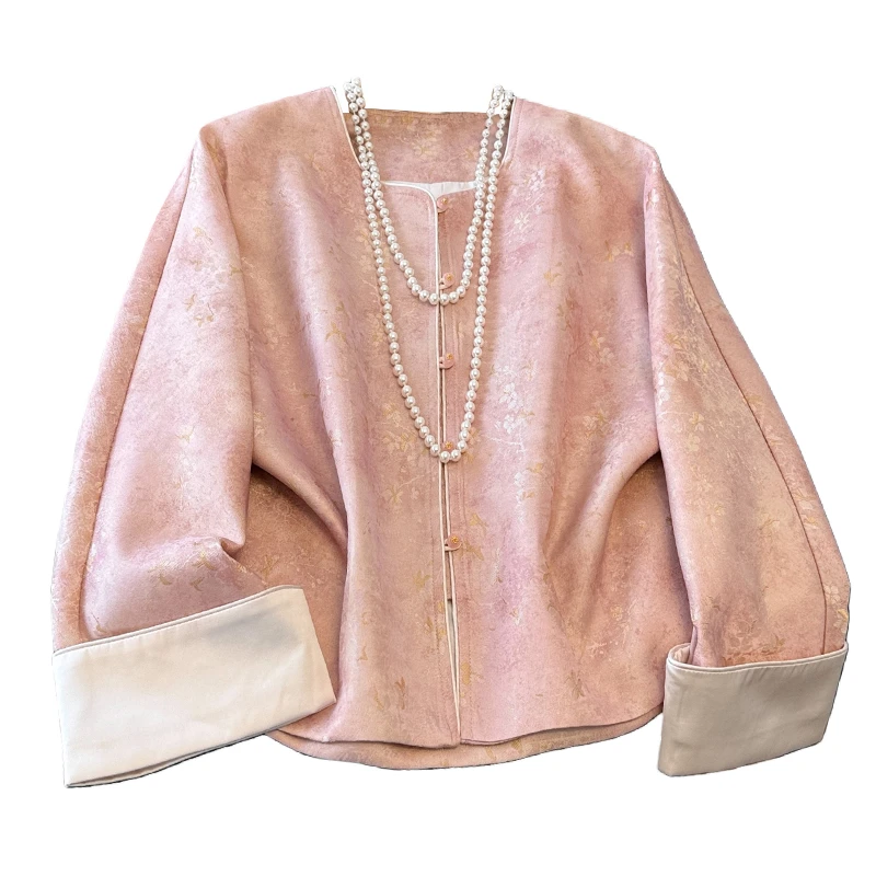 新中式国风人丝面料改良盘扣重工提花小V领长袖开衫上衣外套新款