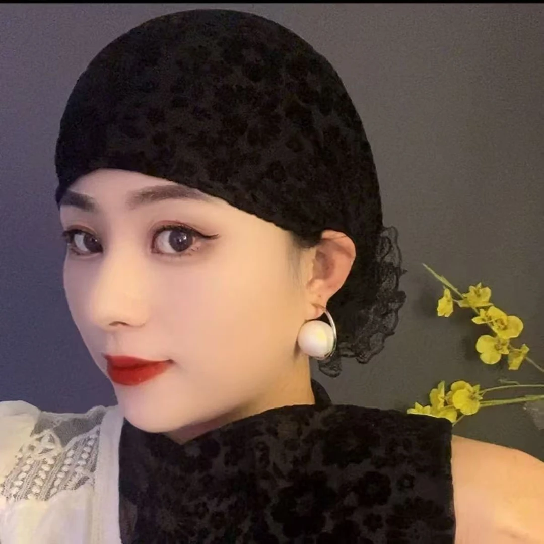 爆款梅花丝绒后花打底帽洋气白搭遮白发遮碎花拍一发二