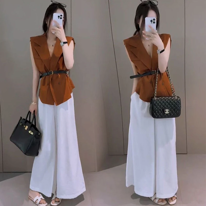 减龄气质穿搭一整套2025夏季新款设计感无袖上衣高腰阔腿裤两件套