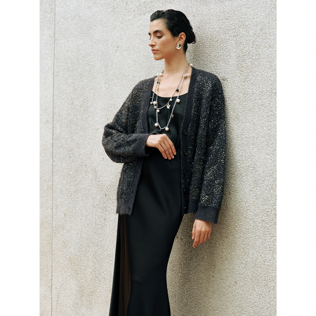 MARIUS"夜星河"超重工珠片羊驼毛亮闪慵懒风V领大廓形开衫