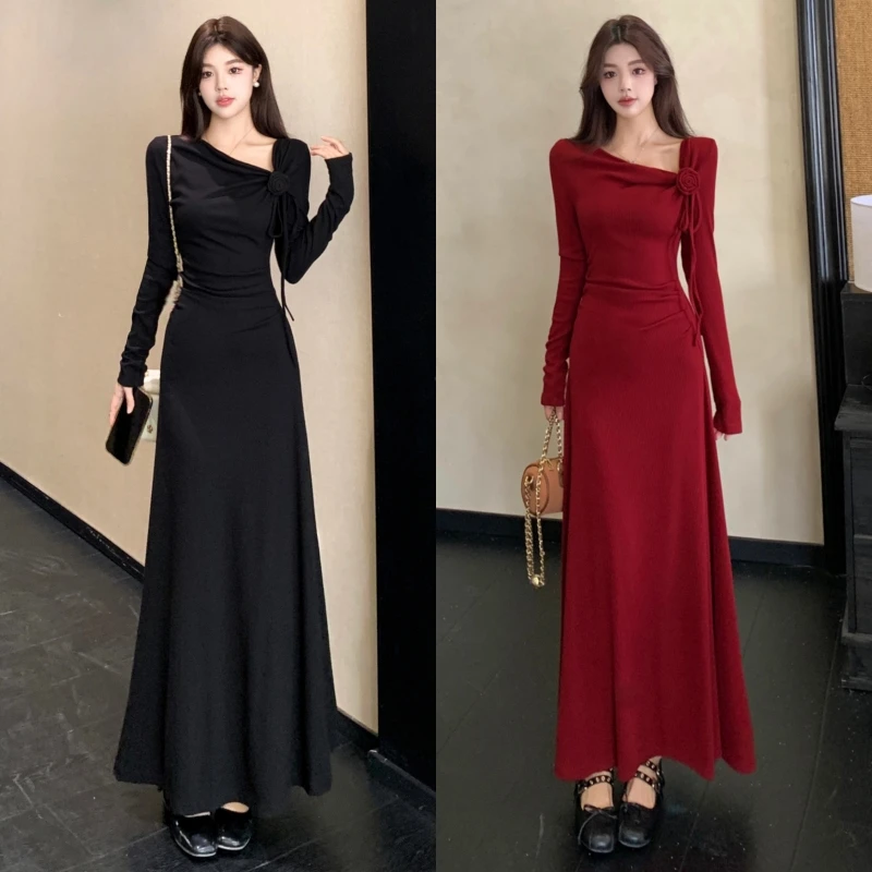 大码胖mm秋冬复古赫本风长袖针织连衣裙温婉收腰显瘦气质打底长裙