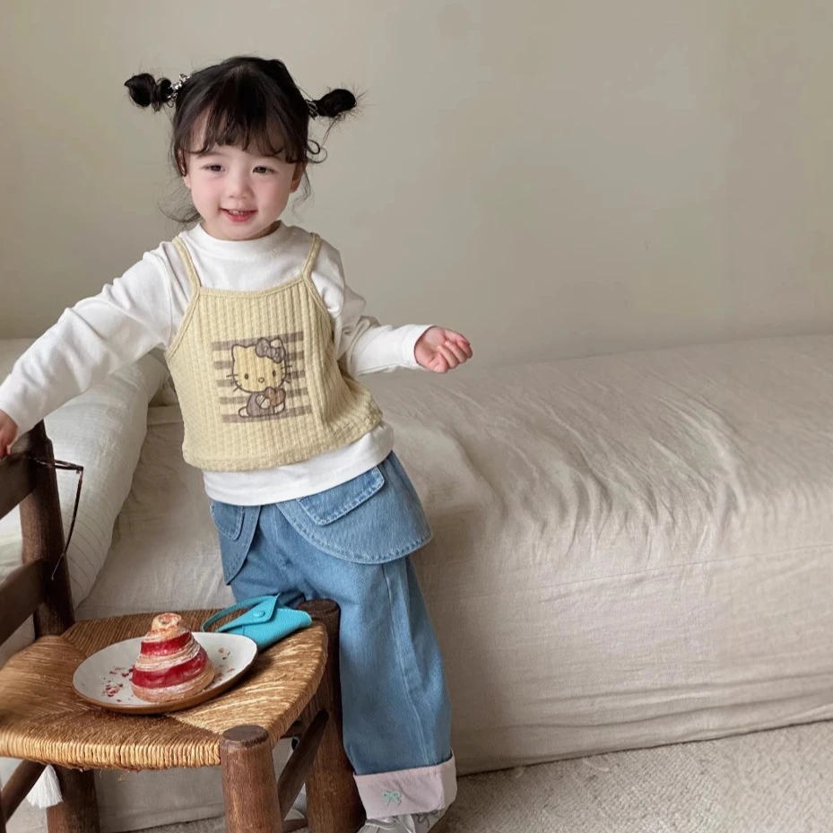2025春装新款女童奶黄色卡通猫咪吊带背心+白色长袖T恤打底衫