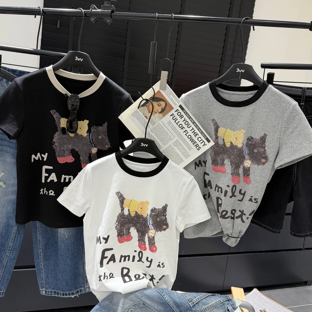 深圳南油【3VV-1002】深圳南油撞色领小狗拼小熊印花短袖上衣