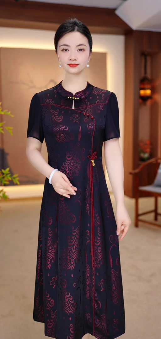 母亲节衣服夏季新款大码遮肉显瘦改良旗袍中老年短袖妈妈装连衣裙