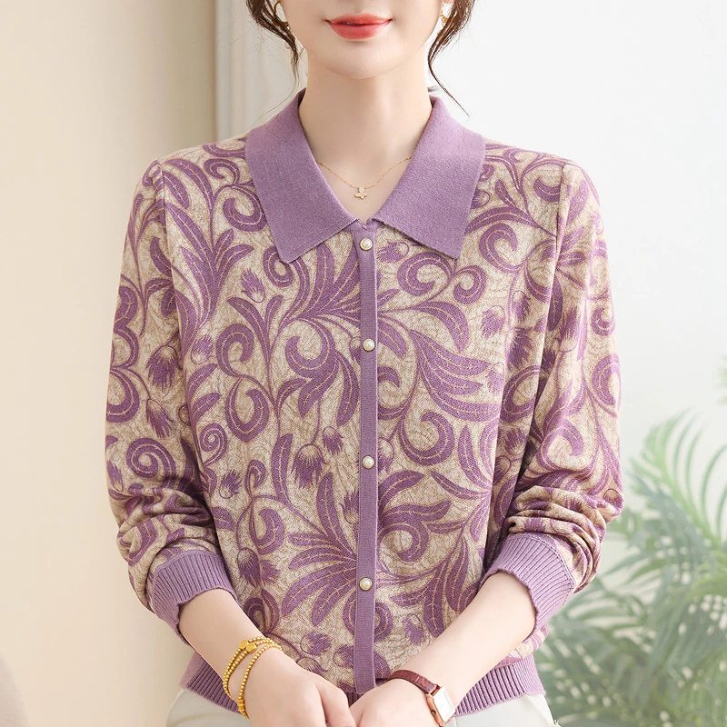 妈妈装针织小衫春秋新款长袖薄T恤中老年人打底衫女洋气质上衣服