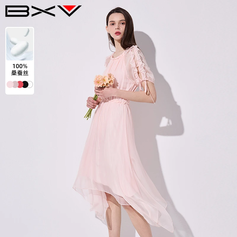 BXV圆领镂空真丝连衣裙女2025夏季新款网纱高腰不规则桑蚕丝长裙