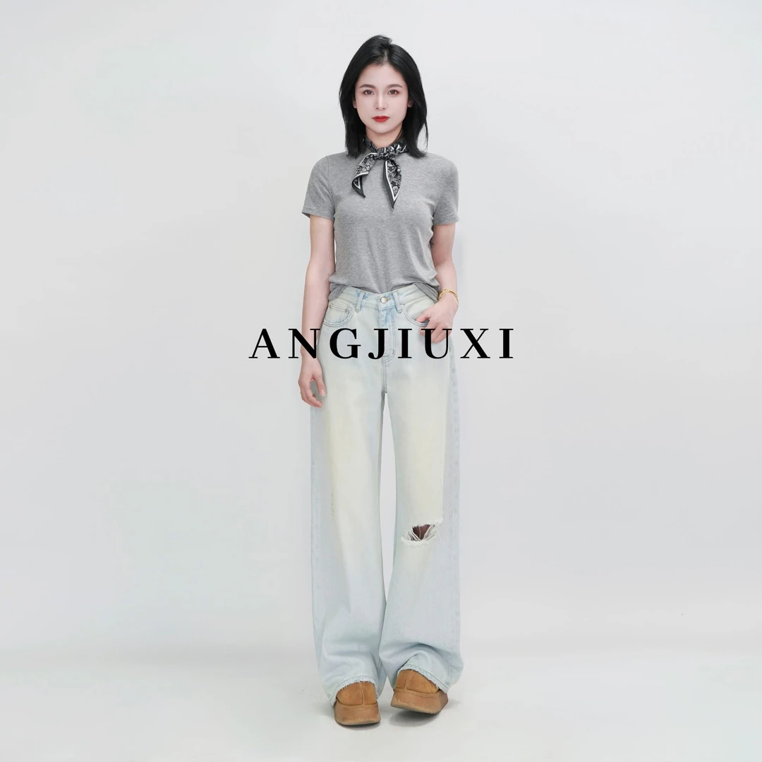 【牛仔夫妇】·爱啃妳·春款高质感破洞时尚中高腰直筒阔腿牛仔裤女