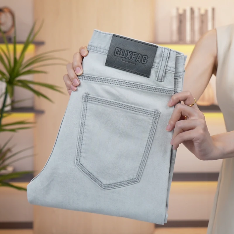 秋季新款磨白灰牛仔裤男士潮流三本针线九分裤弹力修身小直筒长裤