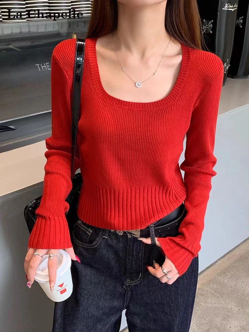5888【衣长45】长袖针织衫女短款方领上衣春新款修身毛衣显瘦衫女