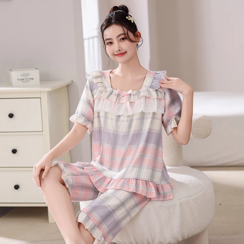 夏季睡衣女款带胸垫短袖云朵棉居家服爆款2025新款薄外出可穿夏天